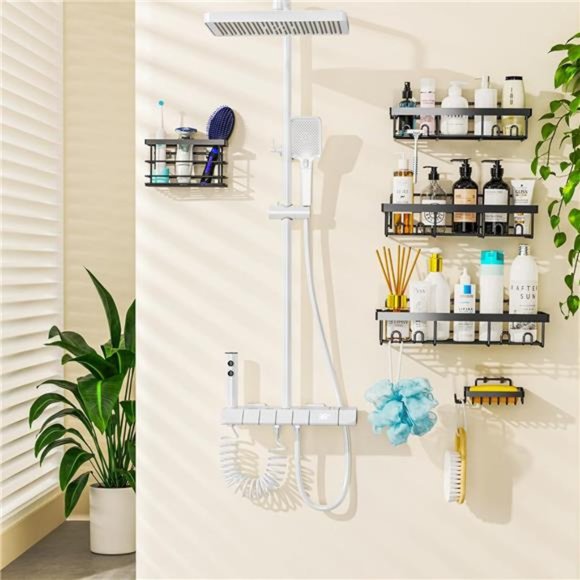 5 Pack Shower Caddy Shelf Organizers Rack, Self Adhesive Black Bathroom Storage - Picture 7 of 8